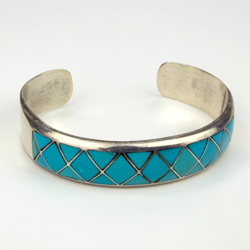 Vintage Zuni Native American Navajo Turquoise Inlay Sterling Silver Bracelet Vintage Zuni Native American Navajo Turquoise Inlay Sterling Silver Bracelet