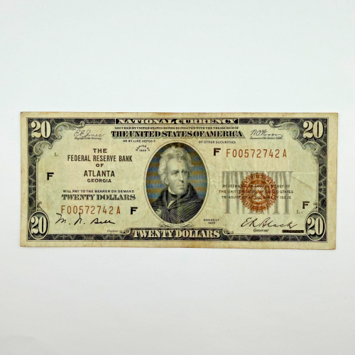 1929 $20 National Currency Banknotes FNB of Atlanta, GA - Serial F00572742A 1929 $20 National Currency Banknotes FNB of Atlanta, GA - Serial F00572742A