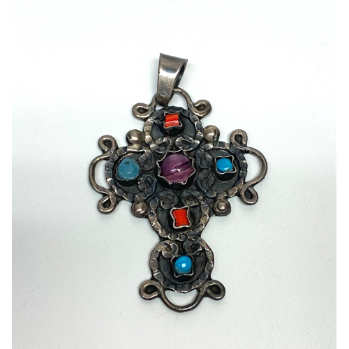 Mexico 825 Silver Amethyst Coral & Turquoise Pendant Mexico 825 Silver Amethyst Coral & Turquoise Pendant