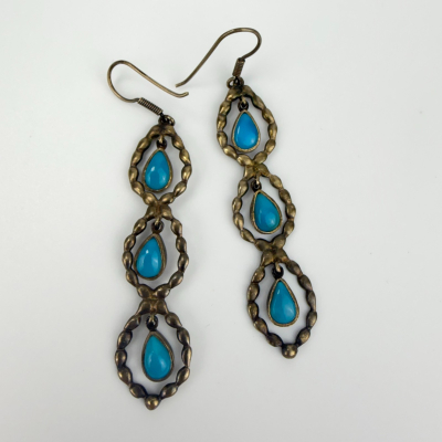 Vintage Boho Natural Turquoise Sterling Silver Dangle Earrings With Yellow Hue Vintage Boho Natural Turquoise Sterling Silver Dangle Earrings With Yellow Hue