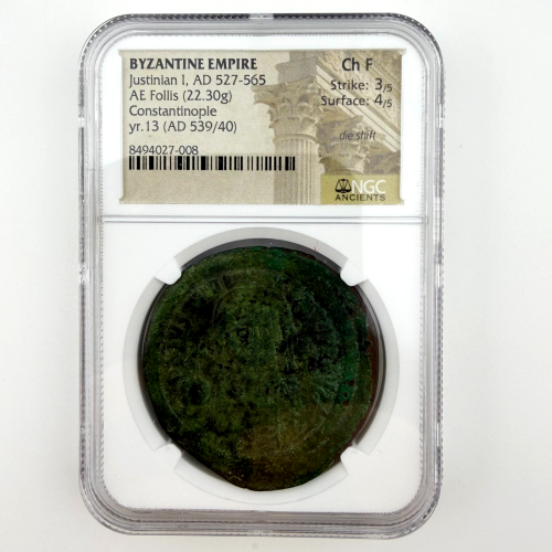 BYZANTINE EMPIRE Justinian I AE Follis Constantinople yr.13 (AD 539/40) NGC Ch F BYZANTINE EMPIRE Justinian I AE Follis Constantinople yr.13 (AD 539/40) NGC Ch F