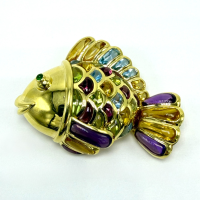 Exclusive 18K Yellow Gold Multi-Gemstone Fish Brooch Colorful Scales Pin Exclusive 18K Yellow Gold Multi-Gemstone Fish Brooch Colorful Scales Pin