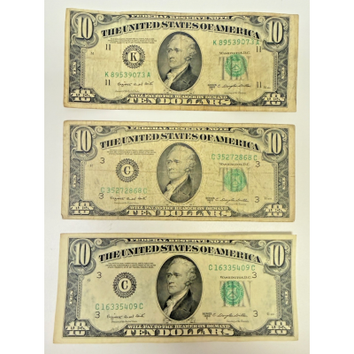 Lot of 3 Series 1950C $10 Federal Reserve Notes Old U.S. Ten Dollar Bills Lot of 3 Series 1950C $10 Federal Reserve Notes Old U.S. Ten Dollar Bills