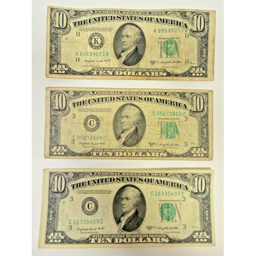 Lot of 3 Series 1950C $10 Federal Reserve Notes Old U.S. Ten Dollar Bills Lot of 3 Series 1950C $10 Federal Reserve Notes Old U.S. Ten Dollar Bills
