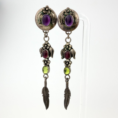 Carol Felley Sterling Silver Native American Dangle Earrings – Floral & Feather Carol Felley Sterling Silver Native American Dangle Earrings – Floral & Feather