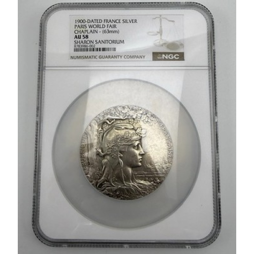 1900 France Paris World Fair Silver Medal NGC AU58 Chaplain Sharon Sanitarium 1900 France Paris World Fair Silver Medal NGC AU58 Chaplain Sharon Sanitarium