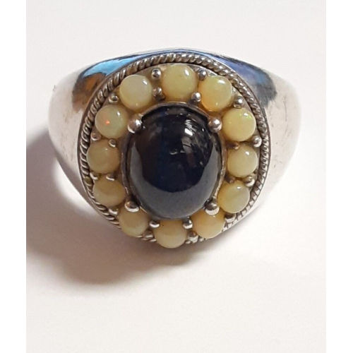 Blue Star Sapphire & Opal gems stones Silver 925 Ring, Size 12 Blue Star Sapphire & Opal gems stones Silver 925 Ring, Size 12