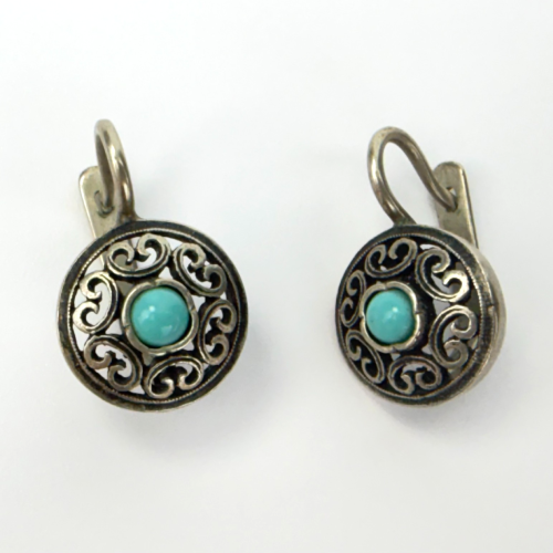 Vintage Openwork Silver Round Earrings with Turquoise Vintage Openwork Silver Round Earrings with Turquoise