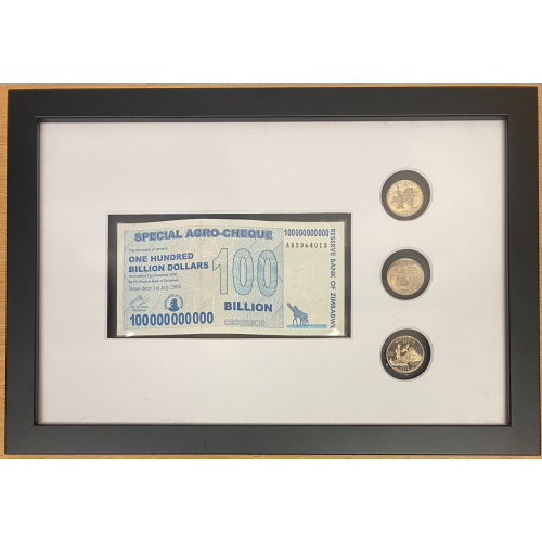 Framed Zimbabwe 100 Billion dollar Agro Cheque banknote and American Coins Framed Zimbabwe 100 Billion dollar Agro Cheque banknote and American Coins