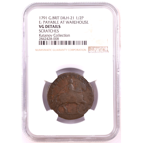 1791 G.BRIT D & H-21 1/2P NGC VG DETAILS SCRATCHES 1791 G.BRIT D & H-21 1/2P NGC VG DETAILS SCRATCHES