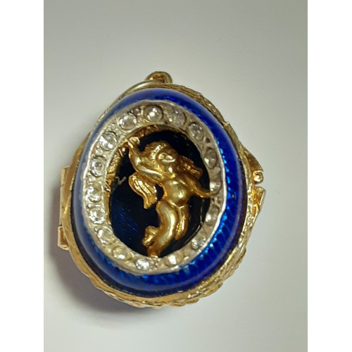 Small Antique Sterling Silver Blue Enamel Egg Engraved Angel Pendant Small Antique Sterling Silver Blue Enamel Egg Engraved Angel Pendant