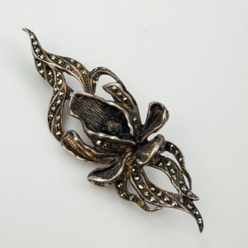 Unique Vintage Sterling Silver and Marcasite Gladiolus Flower Pin Brooch Unique Vintage Sterling Silver and Marcasite Gladiolus Flower Pin Brooch