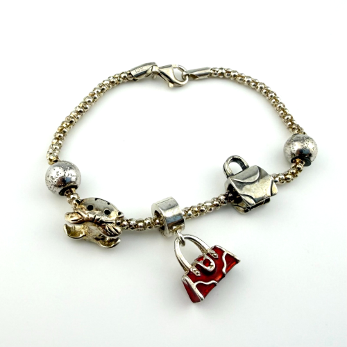 925 Sterling Silver Italian RCI Bracelet With Bag Charms, 7.5 ich 925 Sterling Silver Italian RCI Bracelet With Bag Charms, 7.5 ich