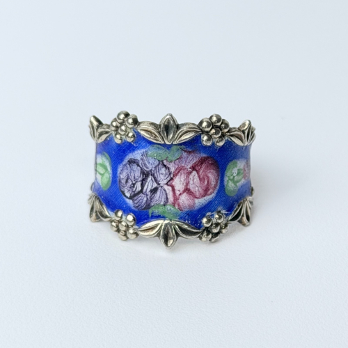 Vintage Guilloche Enamel Sterling Silver Floral Roses On Blue Ring, Sz 9.0 Vintage Guilloche Enamel Sterling Silver Floral Roses On Blue Ring, Sz 9.0