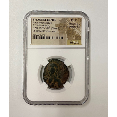 Byzantine Empire Anonymous Issue AE Follis AD 1028-1042 (Class B) NGC Ch F Byzantine Empire Anonymous Issue AE Follis AD 1028-1042 (Class B) NGC Ch F