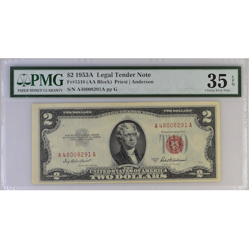 Fr#1510 $2 1953 A Legal Tender Note (AA Block) Priest Anderson Fr#1510 $2 1953 A Legal Tender Note (AA Block) Priest Anderson