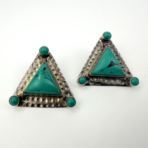 Vintage Dark Teal Turquoise Sterling Silver Triangle Stud Earrings Signed India Vintage Dark Teal Turquoise Sterling Silver Triangle Stud Earrings Signed India