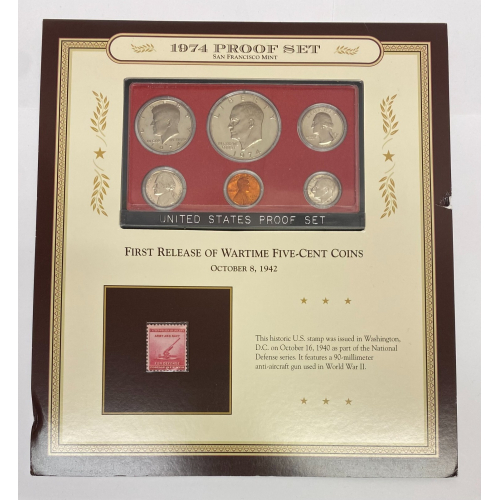 1974 San Francisco Mint Proof Set with Historic 1940 National Defense Stamp 1974 San Francisco Mint Proof Set with Historic 1940 National Defense Stamp