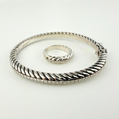 Vintage Coqui el Original Cable Cuff Bracelet & Ring Set 925 Steel & Diamonds Vintage Coqui el Original Cable Cuff Bracelet & Ring Set 925 Steel & Diamonds