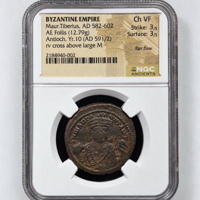 Byzantine Maurice Tiberius AE Follis Antioch 591/2 NGC Ch VF Flan Flaw Byzantine Maurice Tiberius AE Follis Antioch 591/2 NGC Ch VF Flan Flaw