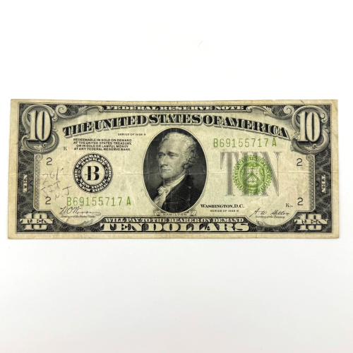 1928-B $10 Federal Reserve Note, Serial B69155717A New York B 1928-B $10 Federal Reserve Note, Serial B69155717A New York B