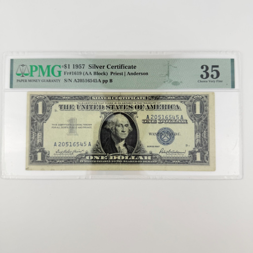 1957 $1 Silver Certificate Fr. 1619 AA Block Priest/Anderson PMG 35 A20516545A 1957 $1 Silver Certificate Fr. 1619 AA Block Priest/Anderson PMG 35 A20516545A