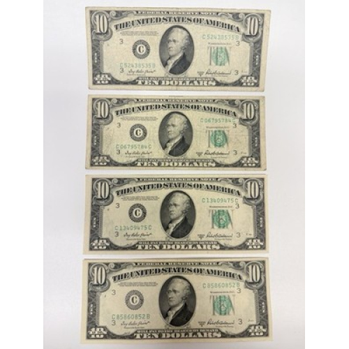 Lot of 4 Series 1950B $10 Federal Reserve Notes New York (C) Old U.S. Lot of 4 Series 1950B $10 Federal Reserve Notes New York (C) Old U.S.