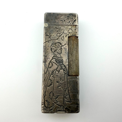 Vintage Sterling Silver Japanese Lighter Taiyo Geisha Kimono Engraved Flip-Top Vintage Sterling Silver Japanese Lighter Taiyo Geisha Kimono Engraved Flip-Top