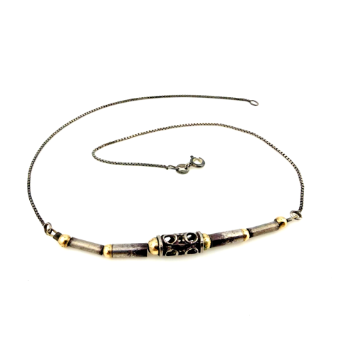 Vintage Sterling Silver 925 & Golden Ball Filigree Tube Beaded Necklace - 15" Vintage Sterling Silver 925 & Golden Ball Filigree Tube Beaded Necklace - 15"