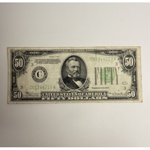 1934 $50 Federal Reserve Note Old U.S. Currency Fifty Dollar Bill 1934 $50 Federal Reserve Note Old U.S. Currency Fifty Dollar Bill