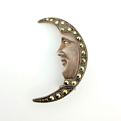 Vintage Art Deco Sterling Silver Moon Brooch with Marcasite Stones Vintage Art Deco Sterling Silver Moon Brooch with Marcasite Stones