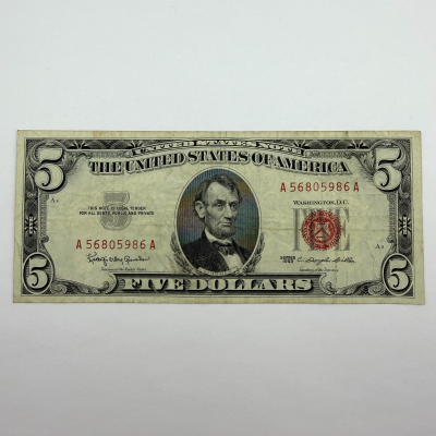 1963 Series $5 Red Seal United States Note, Serial A56805986A, Boston District A 1963 Series $5 Red Seal United States Note, Serial A56805986A, Boston District A