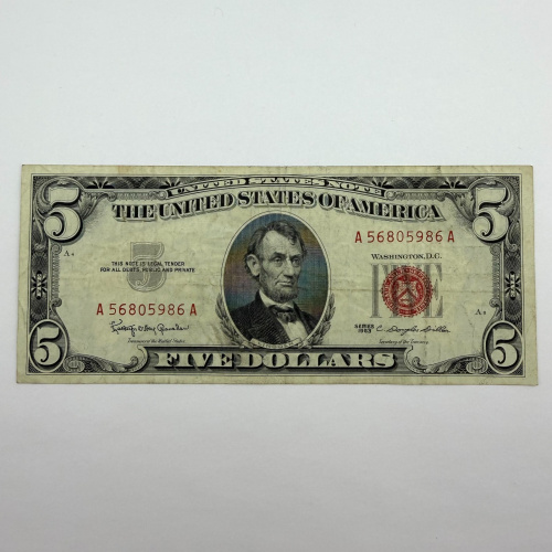 1963 Series $5 Red Seal United States Note, Serial A56805986A, Boston District A 1963 Series $5 Red Seal United States Note, Serial A56805986A, Boston District A